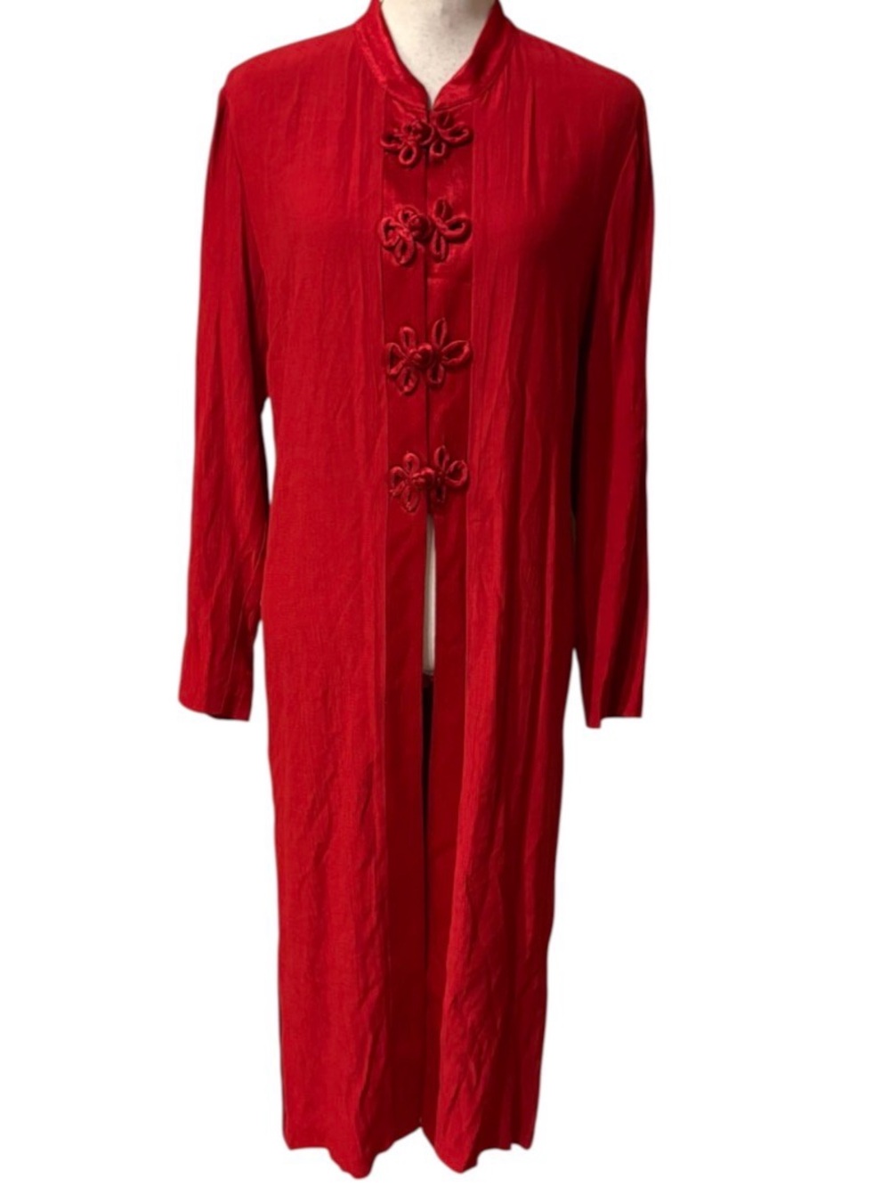 Jessica Howard Mandarin Collar Frog Closure Maxi Duster Kimono Buttons Red Sz ?